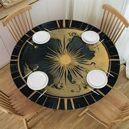 

Sheronv Sun Moon Stars Round Tablecloth 100% Polyester Stain-Resistant Washable Home Kitchen Outdoor Decoration Waterproof 54 -58