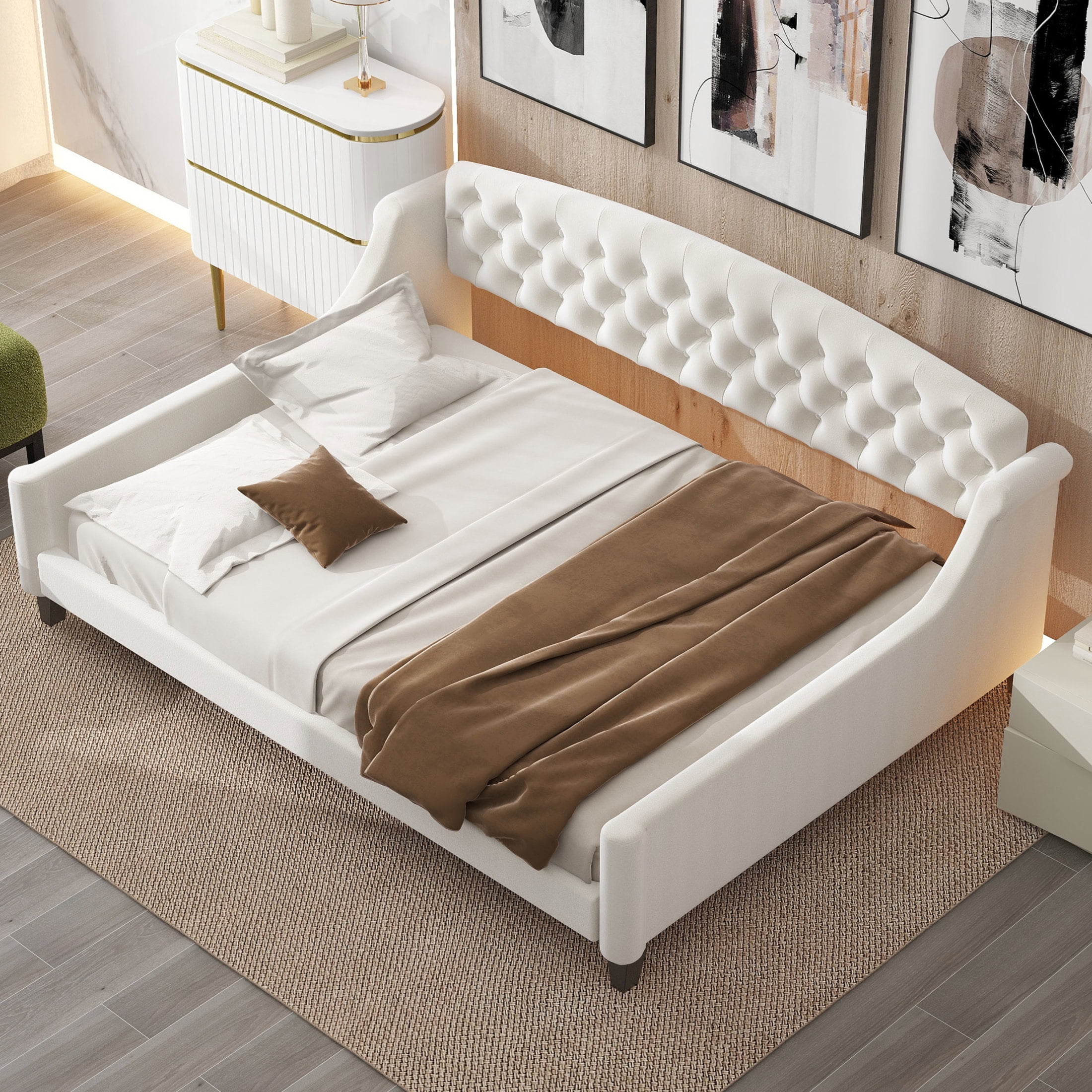 Noble House Sabrina Luxury Full Daybed, Velvet Upholstered Tufted Sofa Bed, Plywood Frame with Piped Edges, Beige
