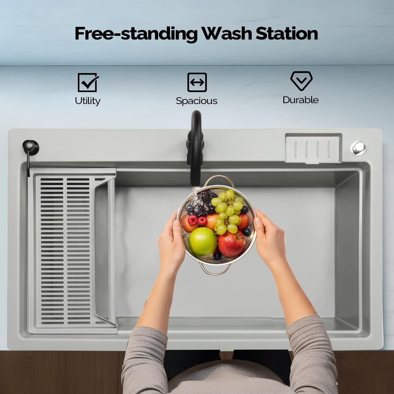 Ktaxon 27 Gallon Plastic Utility Sink with Hot/Cold Faucet, 36" Freestanding Laundry Tub with Iron Legs, Storage Shelf, Drain Board, Soap Dispenser and Pop-up Button for Bathroom, Laundry Room, Gray