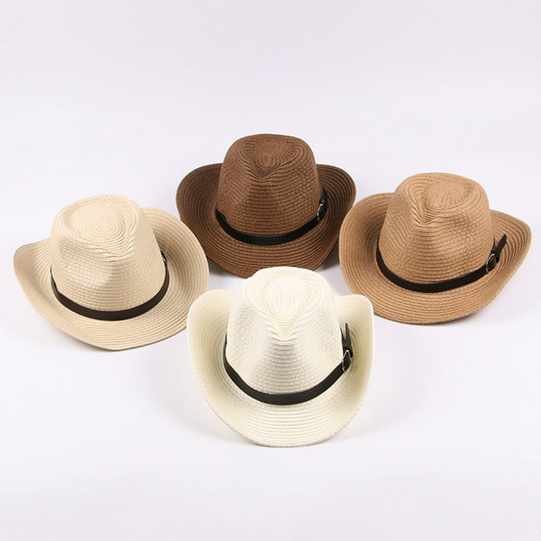 Summer Straw Hats For Women/Men,Hemming Wide Brim Belt Decor Adjustable  Rope Hats Vintage Rancher Hat