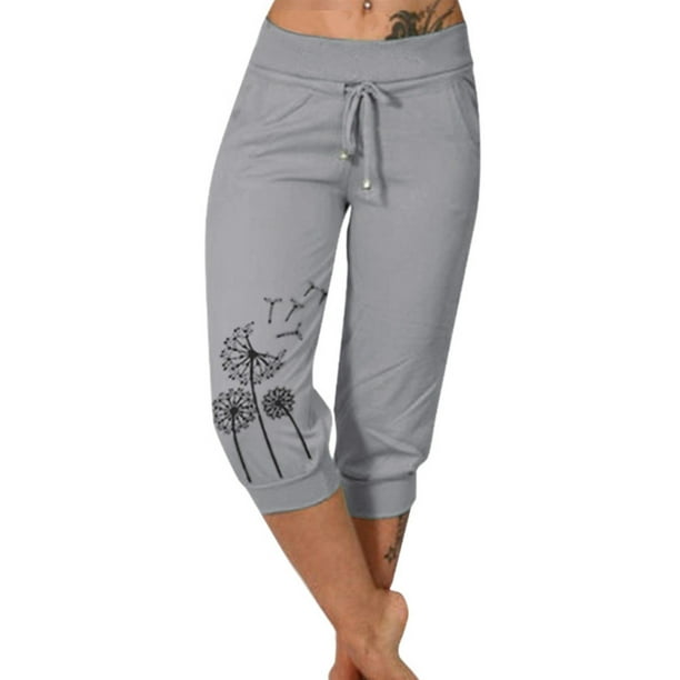 ICHUANYI Clearance Woman Fashion Drawstring Pockets Elastic Waist Printing Capris Pants(Gray, L) ICHUANYI WER2023080903993