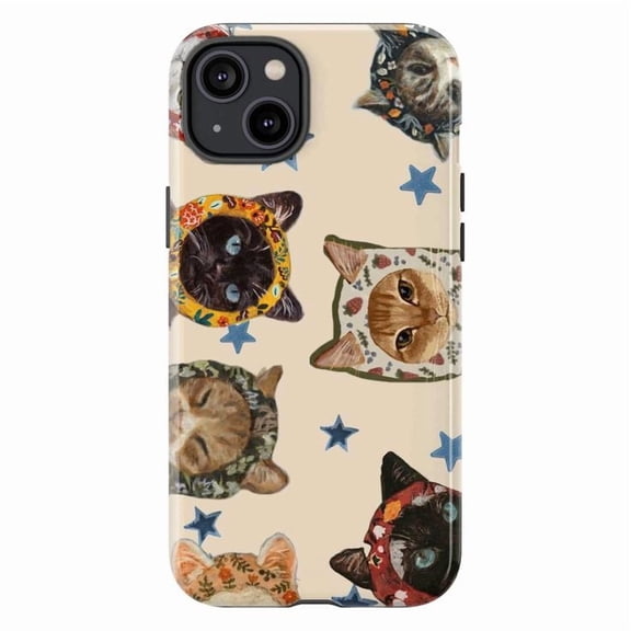 Starry Bonnet Cat Phone Case, Cute Illustrated Cat with Headscarf iPhone Cover, Whimsical Folk Art Case for iPhone 16 15 14 13 12 11 Plus Pro Max Mini