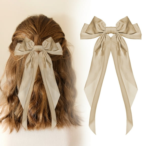 Uxcell Large Bowknot Hair Ribbon Barrette, Hair Bows Oversized Clip Long Tails - Fitting for (Party - Wedding - Birthday - Gift - Clip Accessories - Women) 14.17 Inch & Satin & Khaki