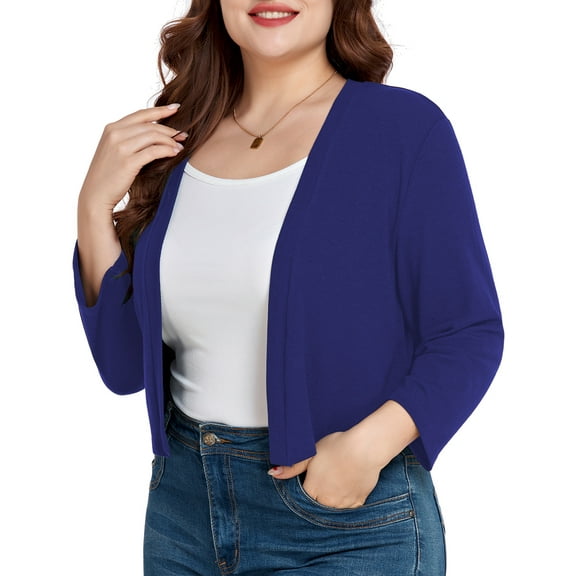 DreamFish Women's Plus Size 3/4 Sleeve Cropped Cardigans Open Front Short Shrugs for Dresses