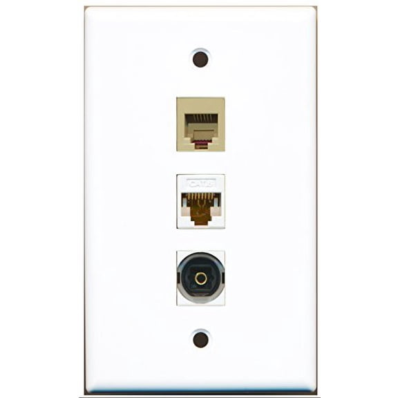 RiteAV - 1 Port Phone RJ11 RJ12 Beige and 1 Port Toslink and 1 Port Cat6 Ethernet White Wall Plate