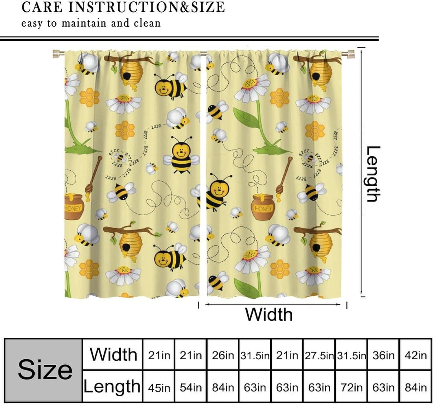 Bee Blackout Curtains Cartoon Flying Bees Daisy Honey Chamomile Flowers Spring Animal Print Living Room Bedroom Cafe Heat Insulation Privacy Curtains 55x63 Inch