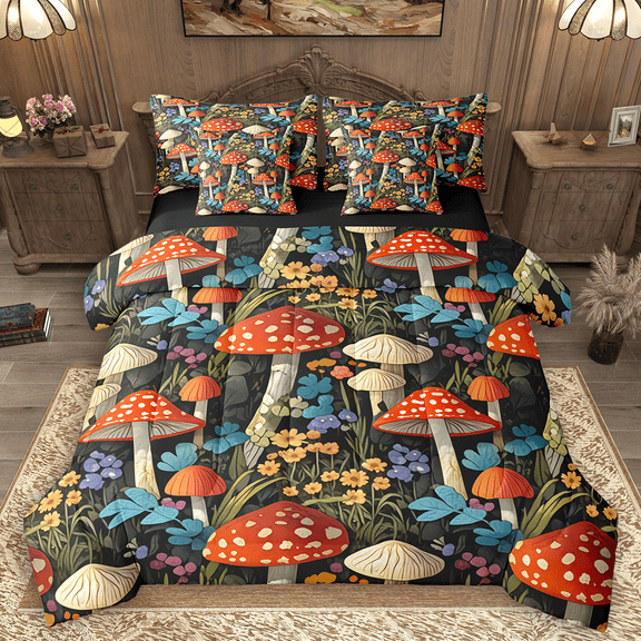 Manfei Hippie Mushroom Twin Bedding Sets 7pcs, Botanical Plant Theme Bedding Comforter Set, Green Leaves Sheet Sets, Breathable Home Decor