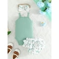 thumbnail image 4 of Baby Girl Summer Set Solid Ribbed Cami Romper with Bunny Print Shorts and Bow Headband 3 Pcs Outfit, 4 of 10