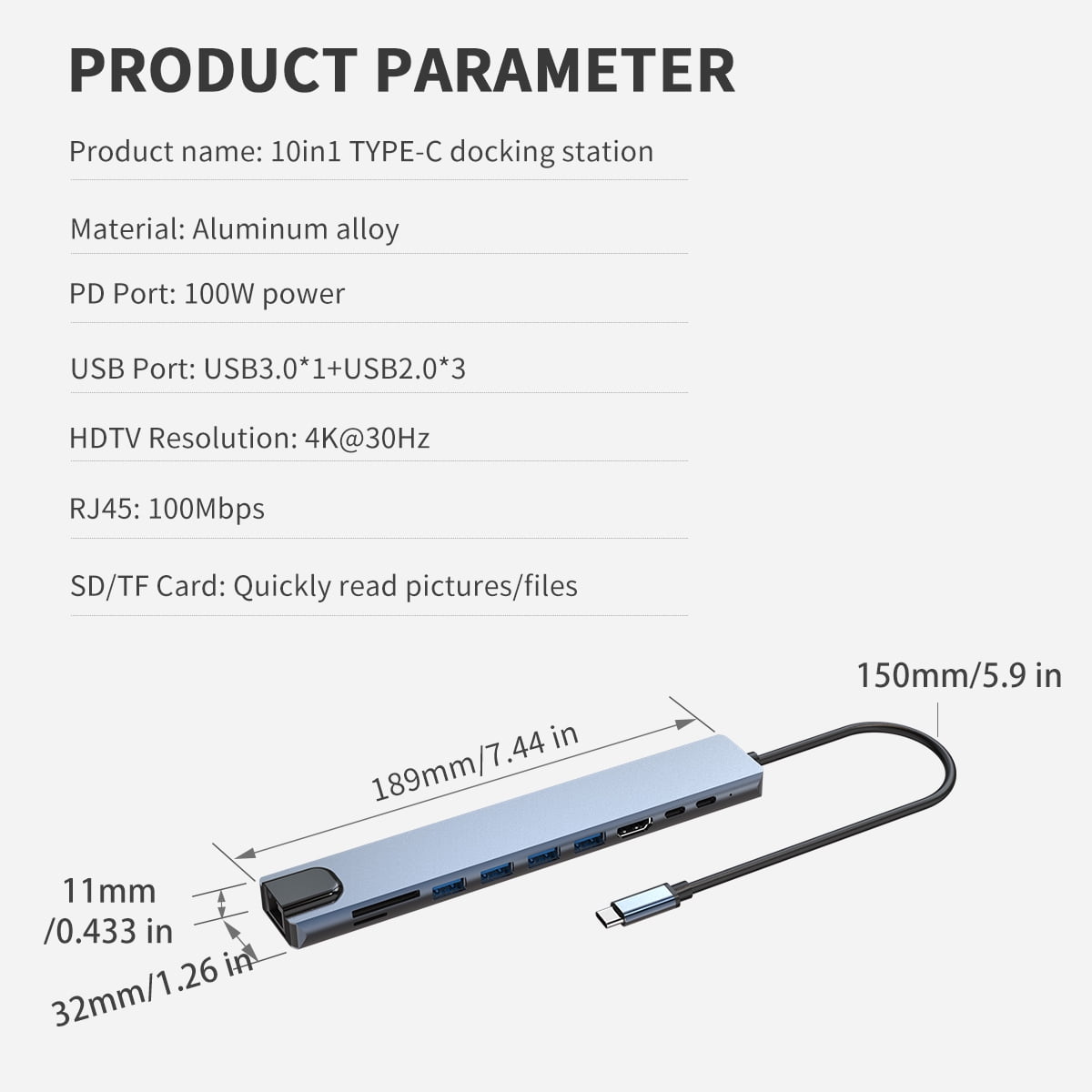 DOONJIEY 10 IN 1 Type C Docking Station Multi-port Adapter USB C Hub with 4K HDTV,RJ45 100M,USB3.0/2.0,PD 100W,TYPE C 2.0,SD/TF for Mac
