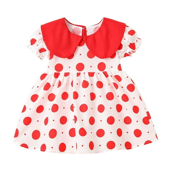 Baby Girl Dress with Collar Vintage Polka Dots Print Puff Short Sleeve Toddler Cute Summer Outfits (18 Months, Red)