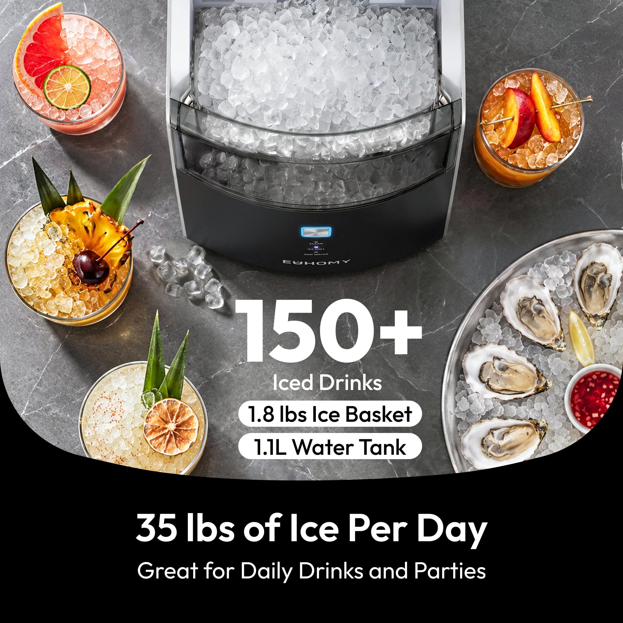 EUHOMY Countertop Nugget Ice Maker,36 lbs/24H ，Self-Cleaning, 30% Better Insulation, Quiet, Black