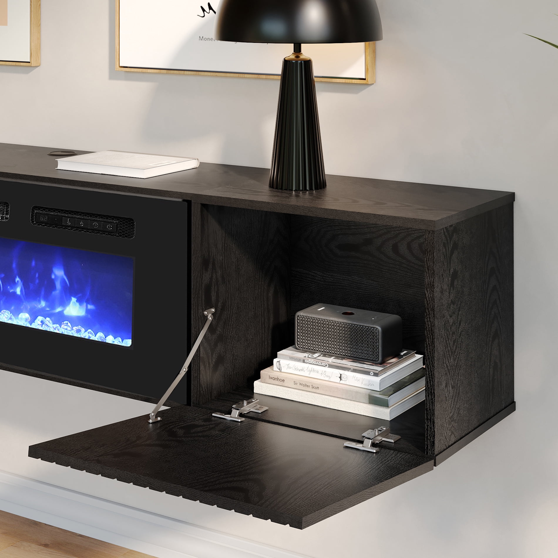 36"Fireplace Floating TV Stand with Fluted Doors and Blue Light for TVs up to 80inch
