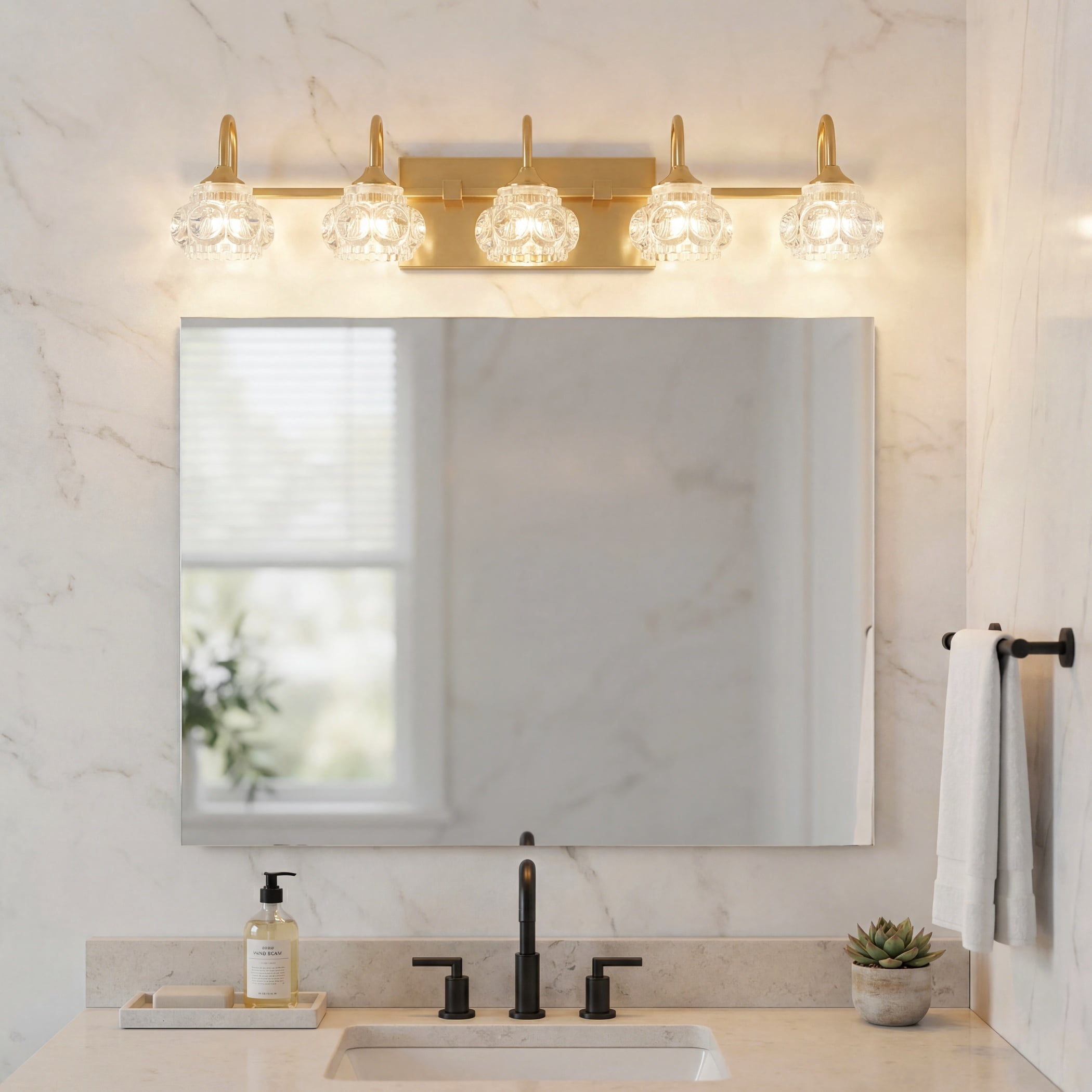 29" Modern 5-Light Gold Crystal Vanity Light with Clear Glass Shades, Elegant Bathroom Wall Sconce for Mirror or Powder Room (Bulbs Not Included)