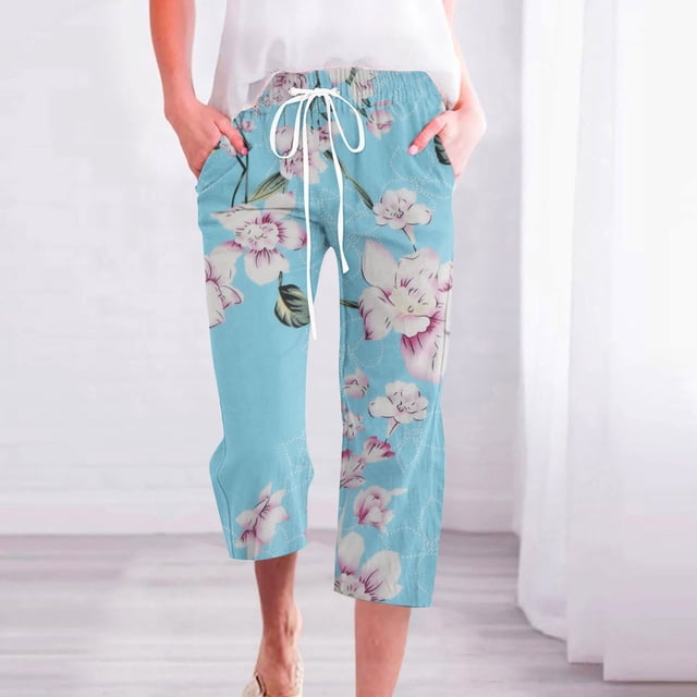 ICHUANYI Clearance Women's Casual Solid Elastic Waist Loose Long Pants With Pocket Capris(Blue, M) ICHUANYI WER2023081014354