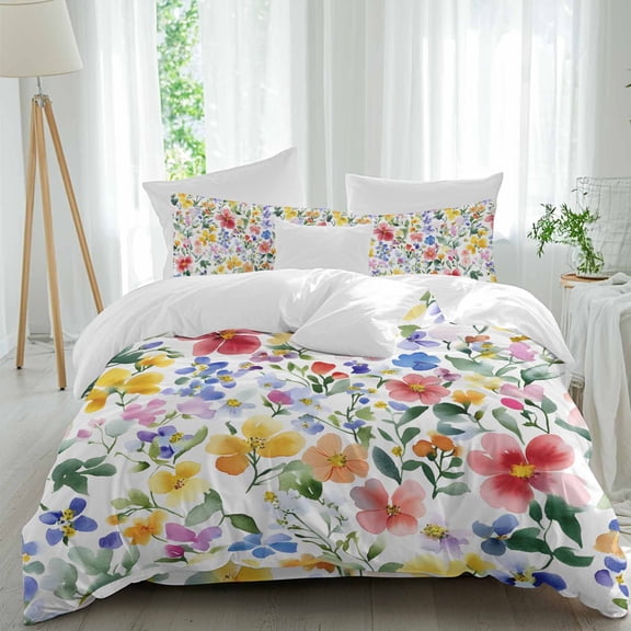 Spring Floral Bedding Duvet Cover Set Queen Size 4 Pieces, Gradient Blue Pink Yellow Flower Romantic Farmhouse Bedding Set with Zipper Closure, 1 Comforter Cover 90x90in 1 Flat Sheet & 2 Pillow Cases