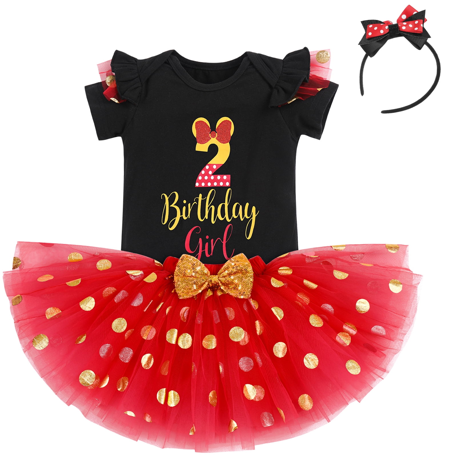 IBTOM CASTLE Toddler Girls 1st 2nd 3rd Birthday Outfit Princess Polka Dots Ruffle Tutu Skirt Mouse Headband Cake Smash Party Clothes Set 2 Years Black + Red