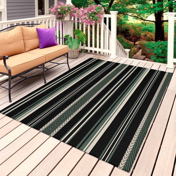 Black Green Beige Outdoor Rug for Patio/Deck/Porch, Non-Slip Large Area Rug 6 x 9 Ft, Boho Farmhouse Vintage Abstract Striped Indoor Outdoor Rugs Washable Area Rugs, Camping Rug Carpet Runner