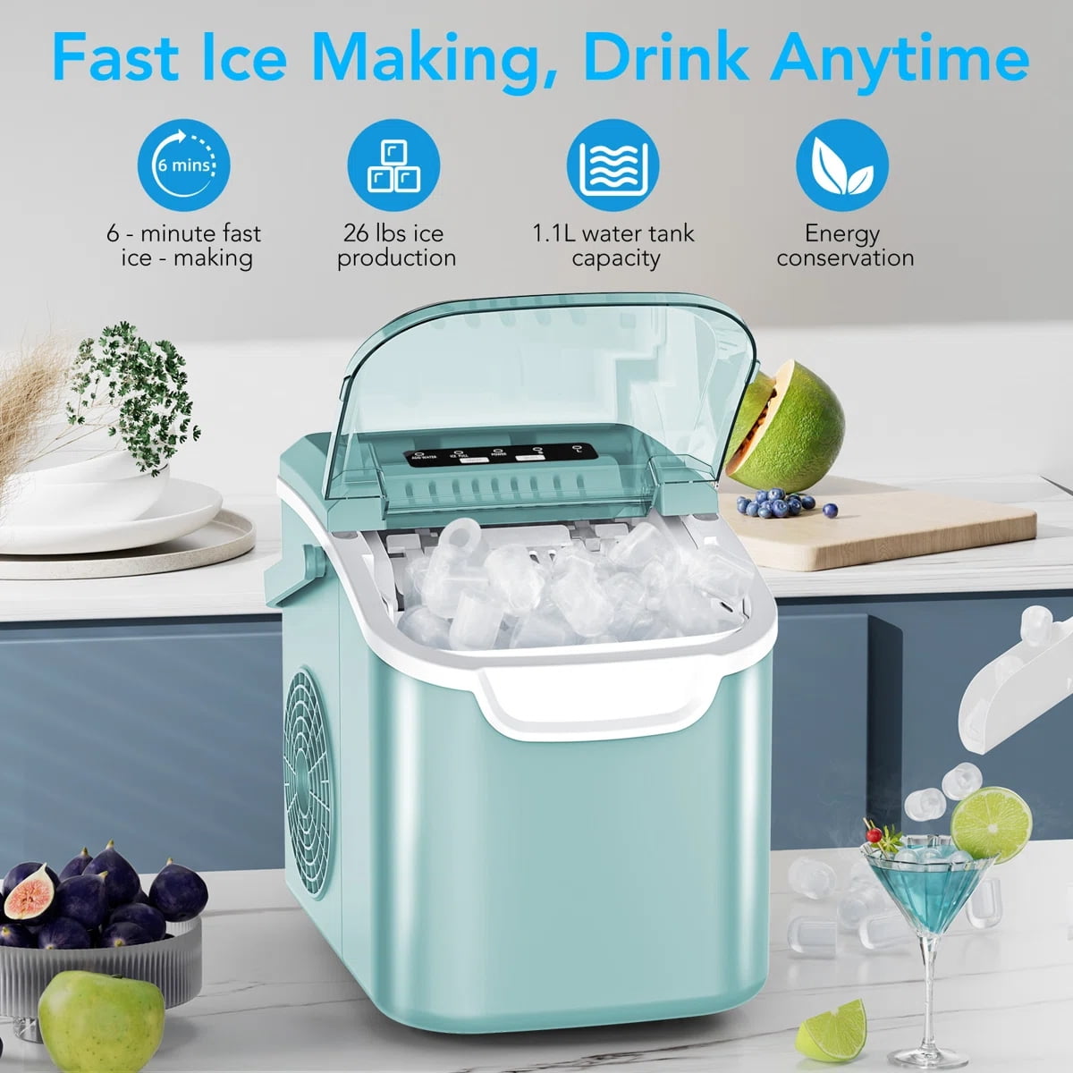 KNDKO Efficient Portable Countertop Ice Maker: Quick 8-Cube In 6 Mins, Up To 26Lb/Day, 2 Ice Sizes, Perfect For Home/Party/Travel Green
