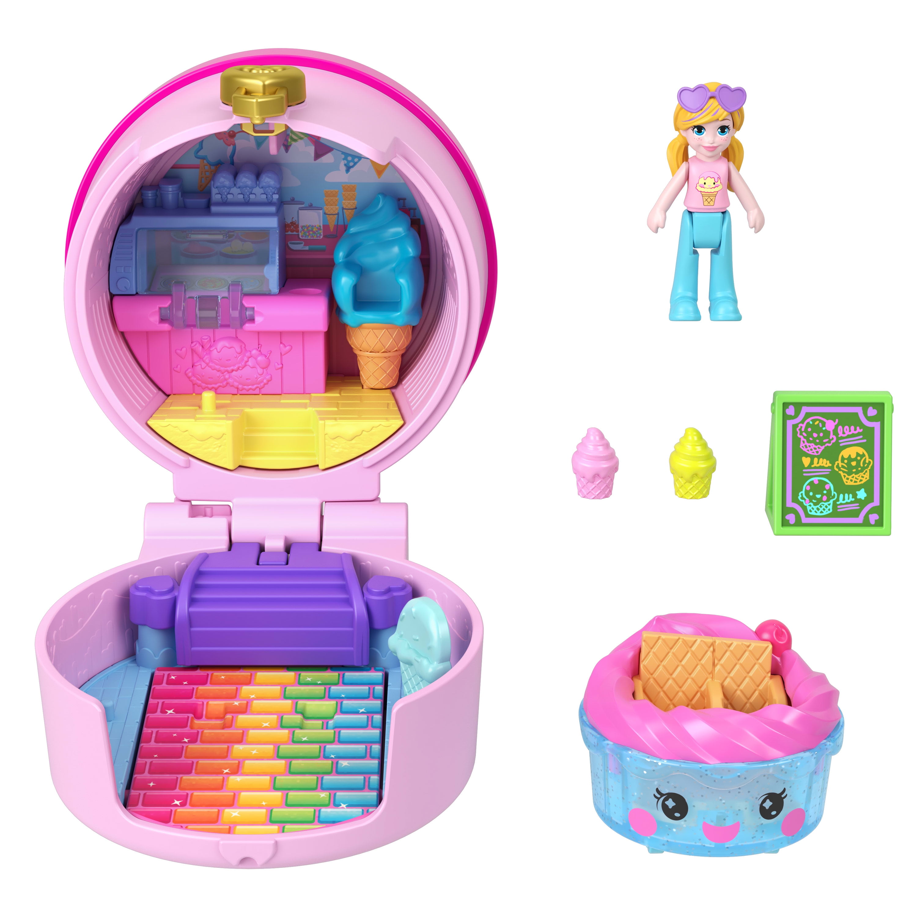 Polly Pocket Tiny Take Out Reveal Assortment, Micro Dolls & Compacts with Toy Cars, Food Theme Vehicle Collection, Ages 4Y+