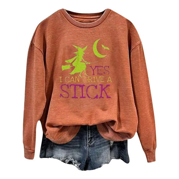 Aocisk Women's Humorous Halloween Hoodie with 'Yes I Can Drive A Stick' Witch Letters Print for a Fun and Casual Outfit Orange M