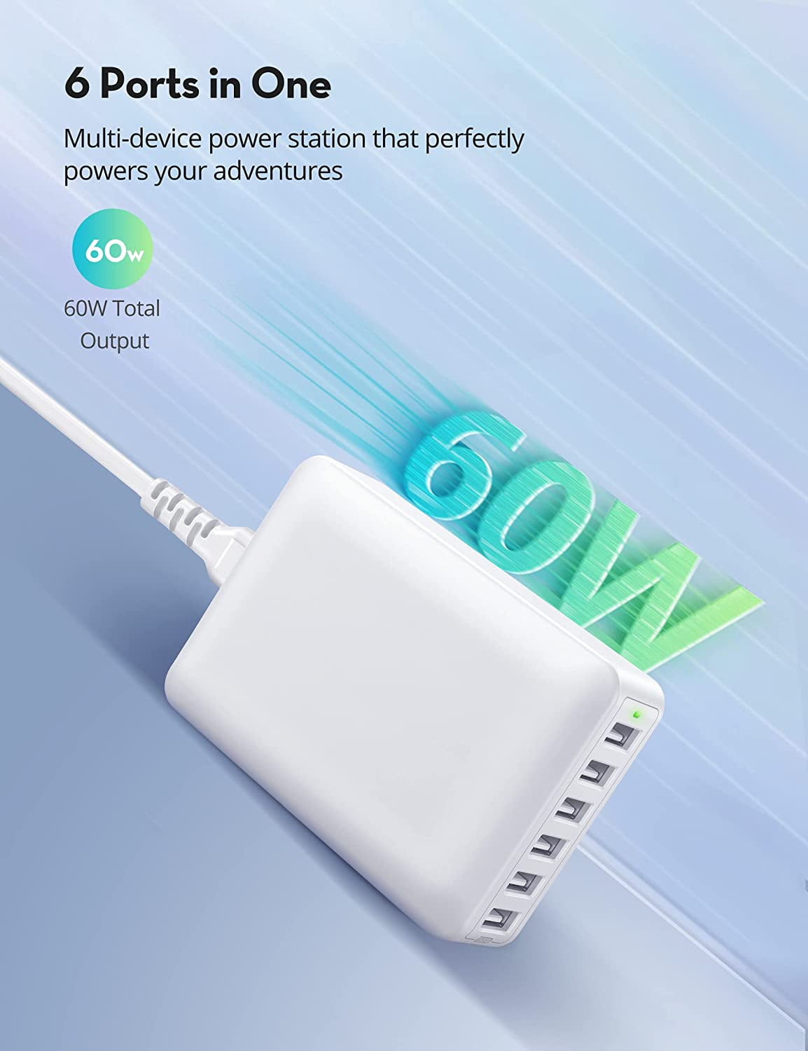 USB Charger 60W USB Charging Hub 12A 6-Port Desktop USB Charging Station with Multiple Port Compatible with iPhone 14 Pro Max 13 Pro Max Mini 12 Pro Max 11 X SE, iPad Pro Air Galaxy S23 (White)