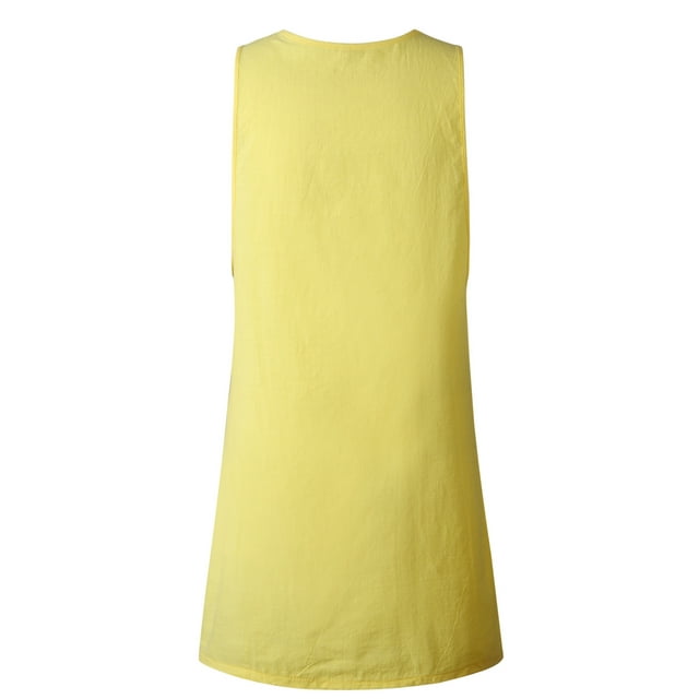 Innerwin Tank Dress Crew Neck Ladies Sundress Summer Button Loose Dresses Yellow L