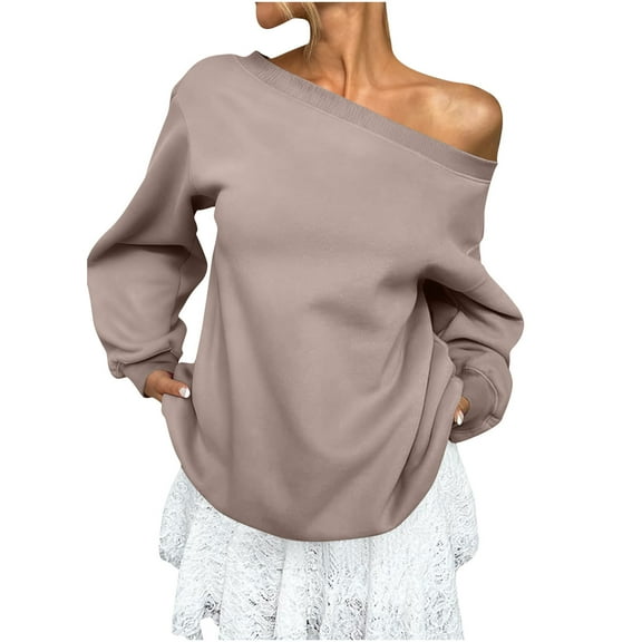 Enjoytime Sweatshirt for Women Solid Color One Shoulder Neck Long Sleeve Tops Casual Loose Fall Winter Sweatshirts Khaki L