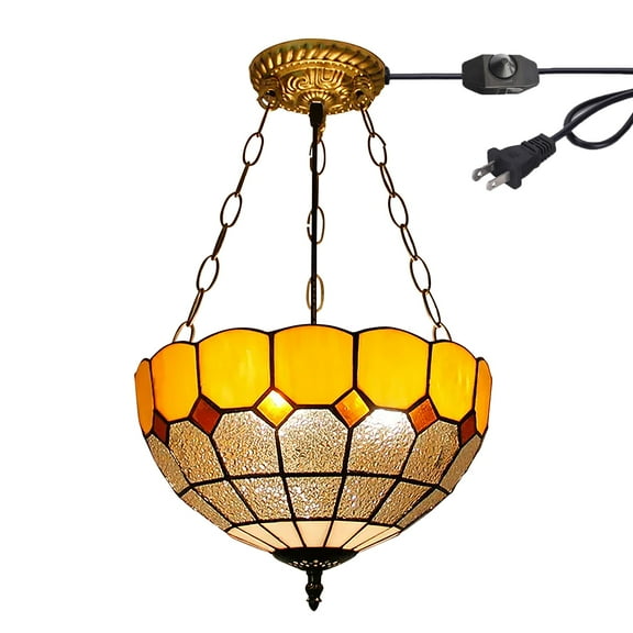 Kiven 11.8in Flush Mount Ceiling Light Fixture Dimmable, 3-Light Anti Glare Close to Ceiling Light with 15FT Plug-in Cord, Tiffany-Style Glass Chandelier for Bedroom Kitchen Hallway(No.3226-Y)