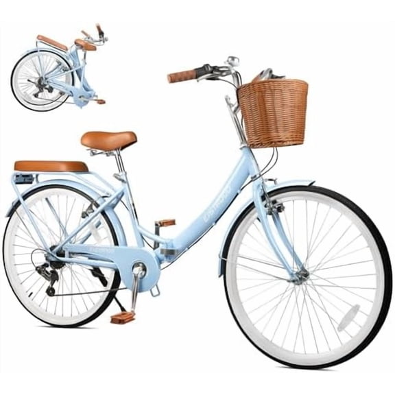 26Inch Foldable Beach Cruiser Bike for Women, Womens Folding Bike with Basket, 7 Speed Commute Folding Bicycles with Cushion, V-Brakes, Quick Install for Adults, Womens (Blue)