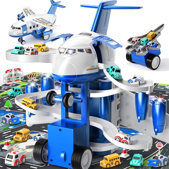 MAGICDINOSAUR Airplane Race Track Car Vehicle Playset for Kids 3 Years with 8 City Cars and Garage Parking Lot