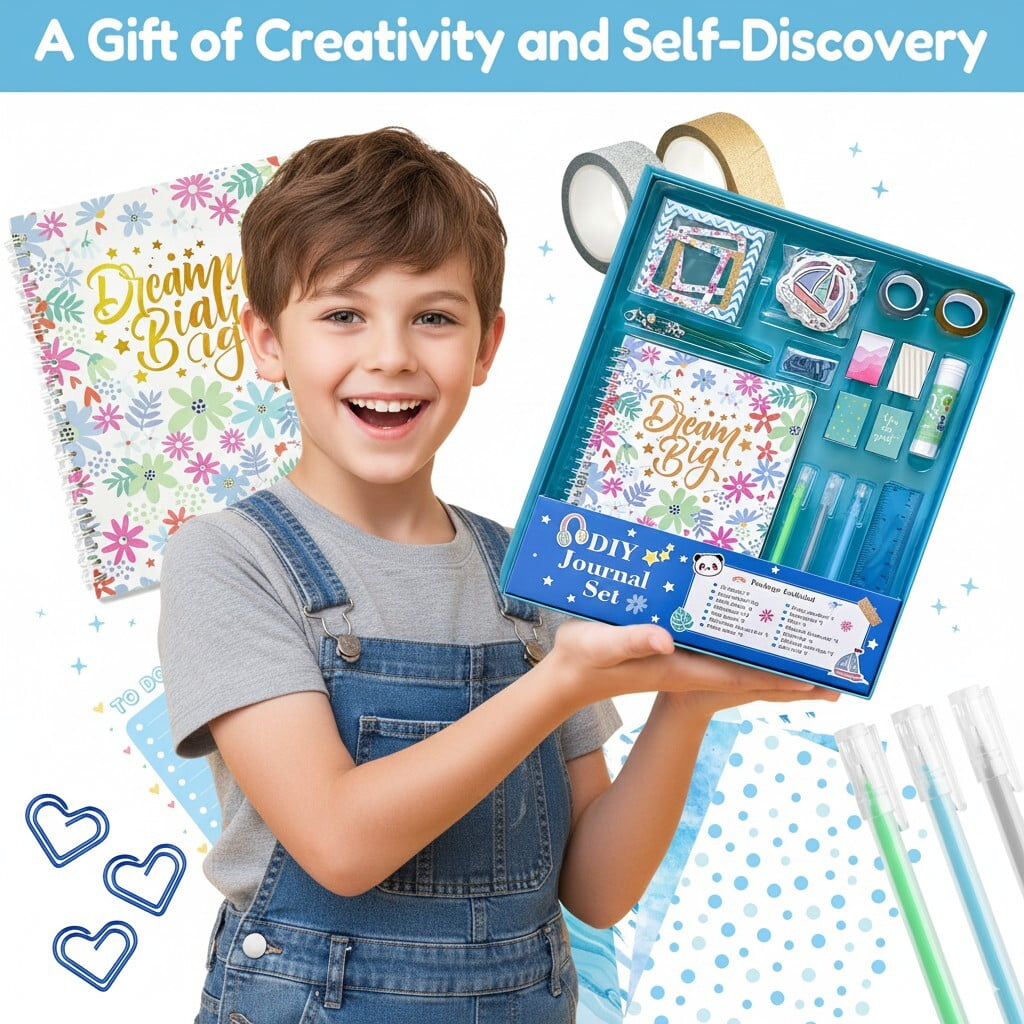 DIY Journal Kit for Girls & Boys - Birthday & Christmas Gift for Ages 8-12, Scrapbook & Diary Supplies Toy Set for Creativity, Mindfulness & Self-Expression, Journaling Art Crafts Kit for Kids
