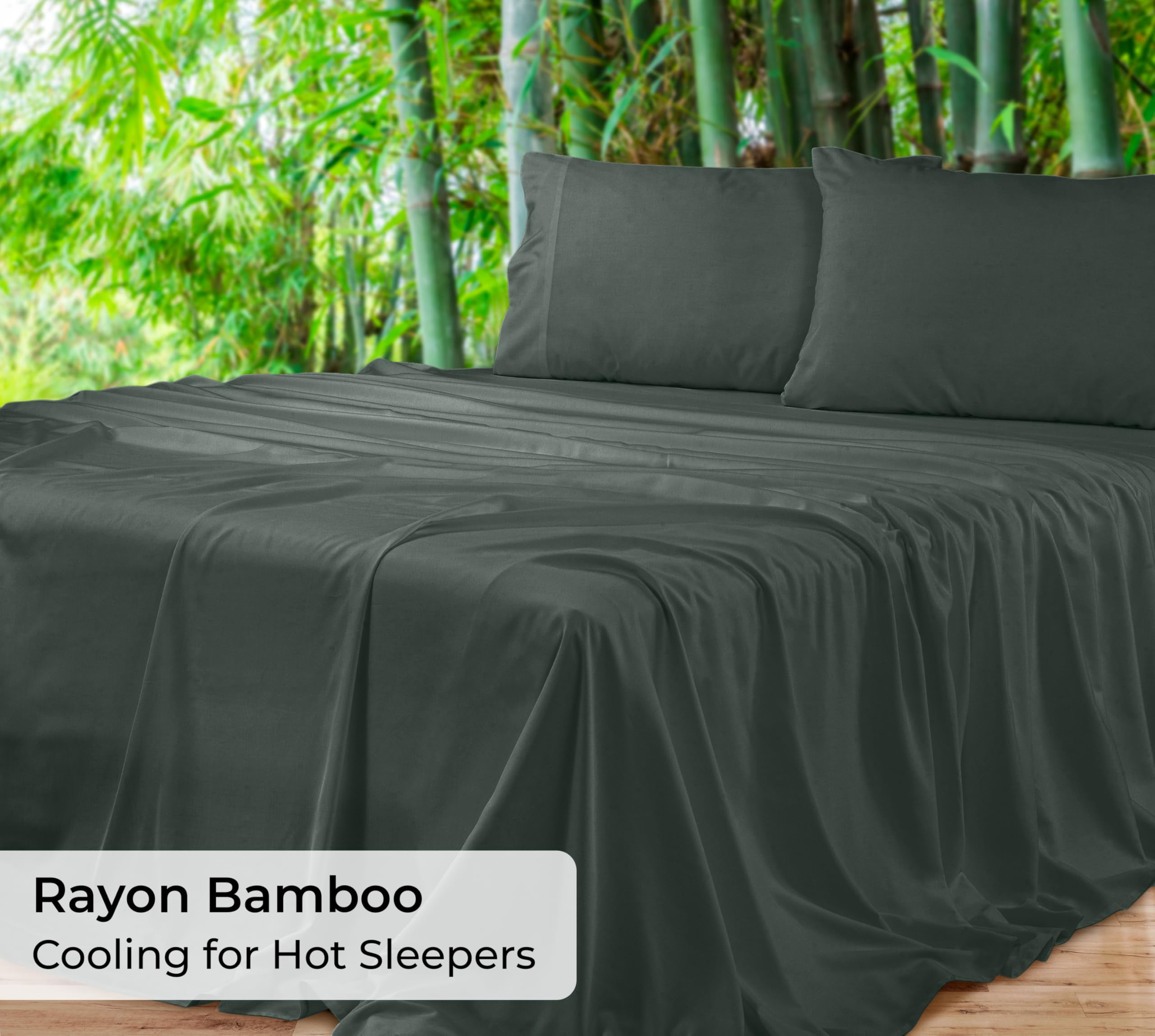 Royale Linens Bamboo Queen Flat Sheets Only - Cooling Sheets - Organic Viscose Derived from Bamboo - Queen Size Flat Sheet Only - Top Sheet - Breathable & Silky Bedding (Queen, Grey)