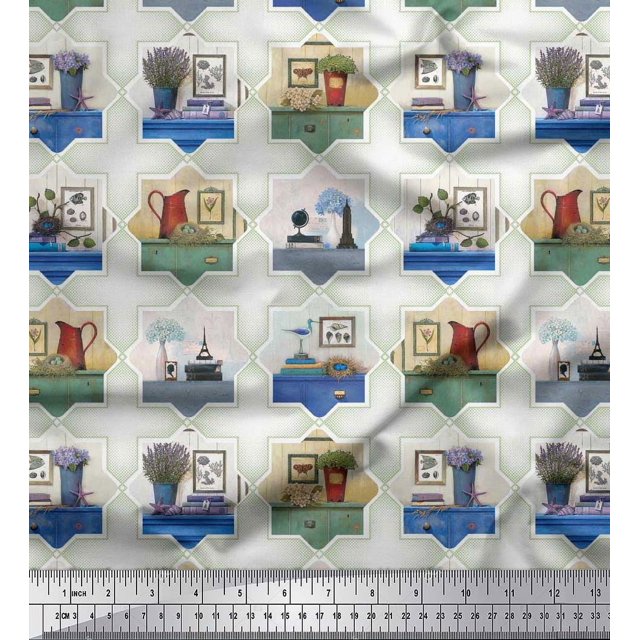 Soimoi Rayon Fabric Frame,Jug & Flower Pot Patchwork Print Sewing Fabric Yard 56 Inch Wide