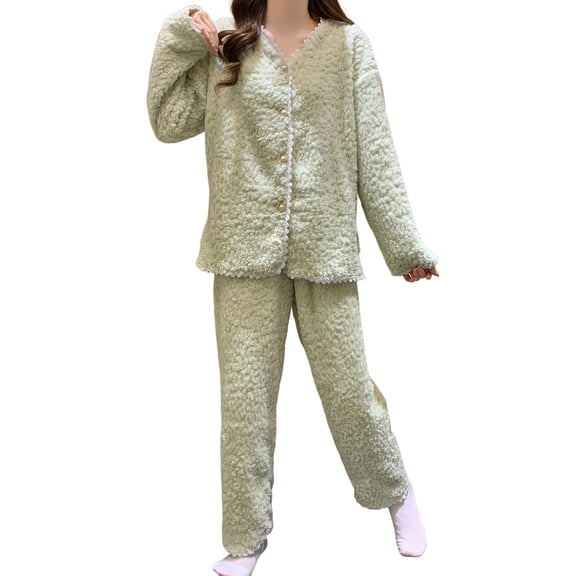 UJNDER Soft Winter Flannel Pajamas for Women Cozy Long Sleeve Thermal Sleepwear with Elegant Jacquard Pattern Comfortable Loungewear Two Piece Outfit Light Green L