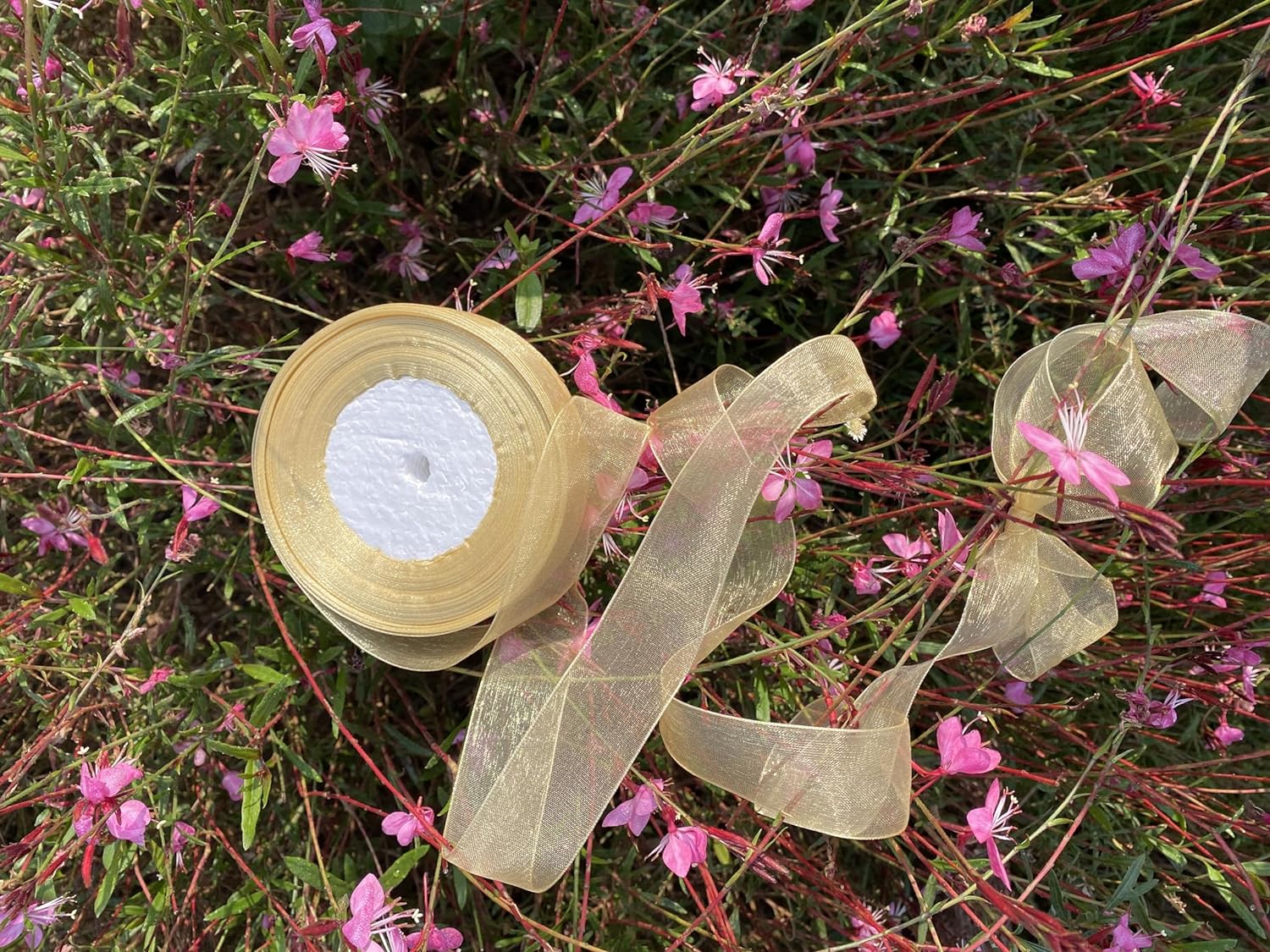 1 Inch 50 Yards Sheer Organza Ribbon Chiffon Ribbon for Gift Wrapping Wedding Bouquet Crafts (Gold)