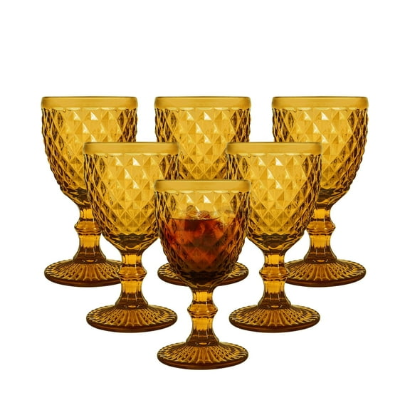 6pcs Glass Goblet Vintage, 8.5oz Stemware Wine Glass Sets, Drinking Glasses Retro Embossed Footed Glassware Wine Goblet for Iced Beverage Wine Cocktail（Blue）