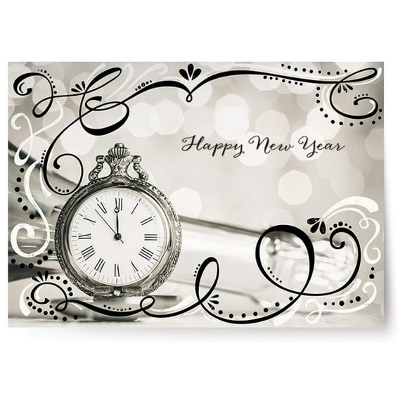New Year Cards Boxed - 18 Happy New Year Cards with Envelopes - Vintage Pocket Watch Design - Holiday Greeting Cards for Friends & Family