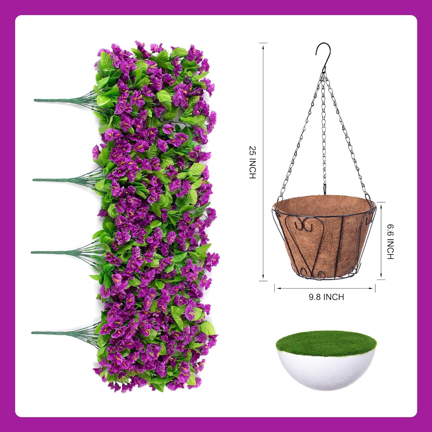Artificial Faux Hanging Flowers Basket for Spring Outdoor Porch Decoration, Fake Silk Colorful Morning Glory Eucalyptus in Planter UV Resistant Look Real for Home Balcony Yard(Red Purple)