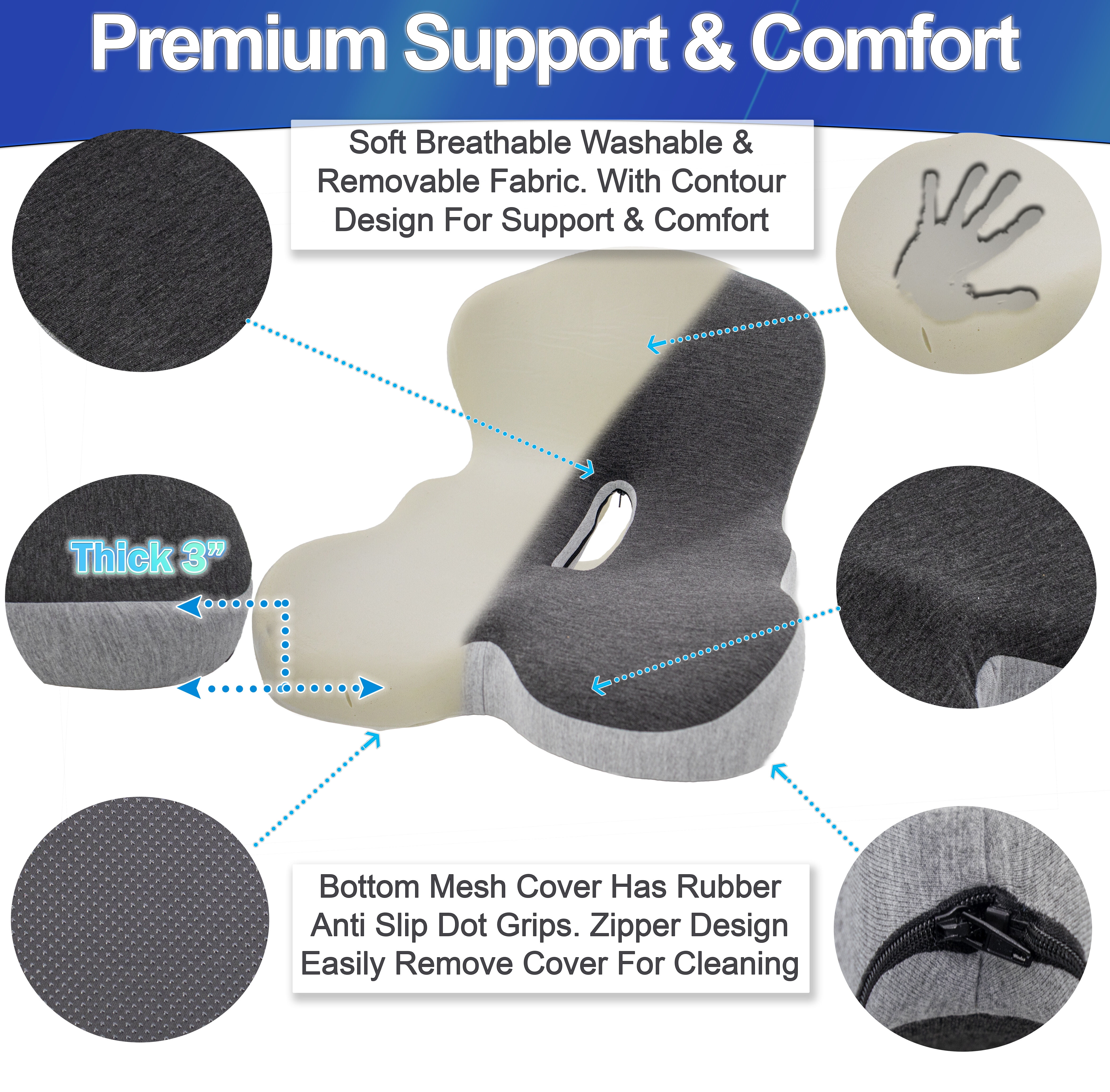 Ergonomic Memory Foam Seat Cushion with Lumbar Support, Contoured U-Shaped Design, Non-Slip Grips and Removable Washable Cover - Dark Grey