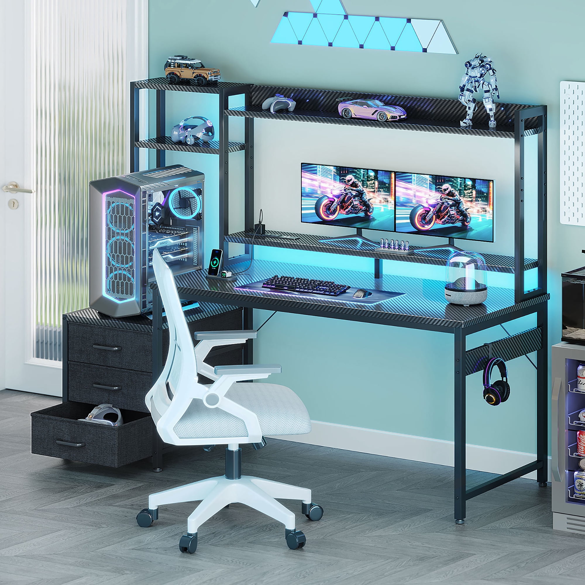 Casacomoda 55 inch Gaming Desk with LED Lights & Power Outlets, Home Office Desk with Reversible Storage Drawers & Monitor Shelves, Carbon Fiber  Black