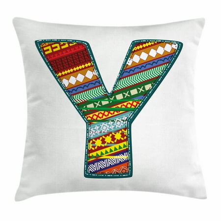 Letter Y Throw Pillow Cushion Cover, Alphabet Art Design with Vibrant Winter Colors Scheme Retro Old School Style Print, Decorative Square Accent Pillow Case, 16 X 16 Inches, Multicolor, by