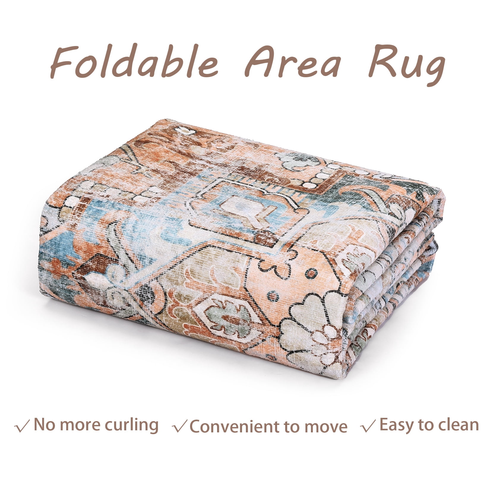 HOMERRY Foldable Area Rug 5' x 7' Washable Floral Geometric Rug for Living Room, Red/Orange