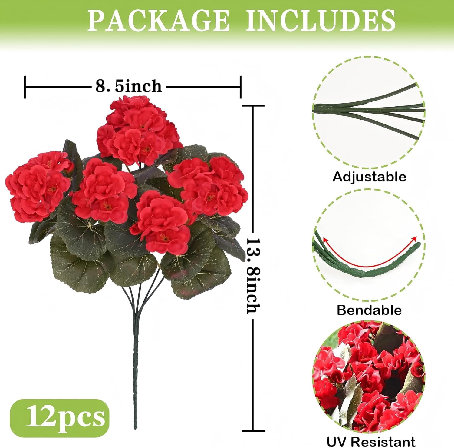 Lyacmy 12Pcs Artificial Geraniums for Outdoors Realistic Artificial Flowers, UV Resistant Red Fake Geraniums Silk Flowers Outdoor Decor