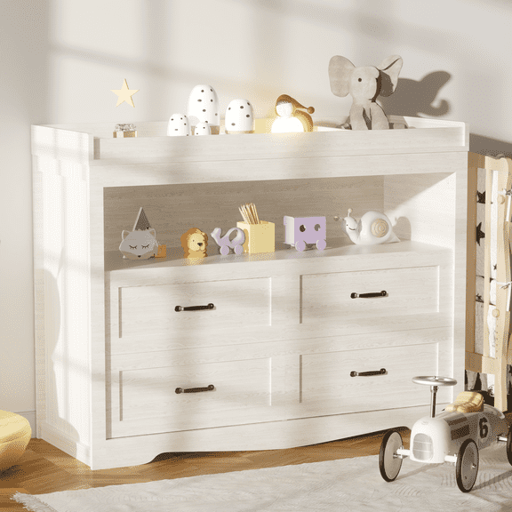 Baby Changing Table Dresser Nursery Chest with Storage-Infant & Toddler, 4 Drawers and Open Storage Space, Beige