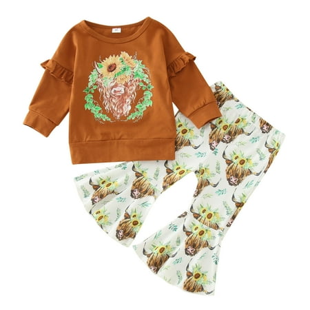 

baby girl clothes Winter Calf Cow Flower Print Tops Bell Bottom Trouser Pants Suit Outfits