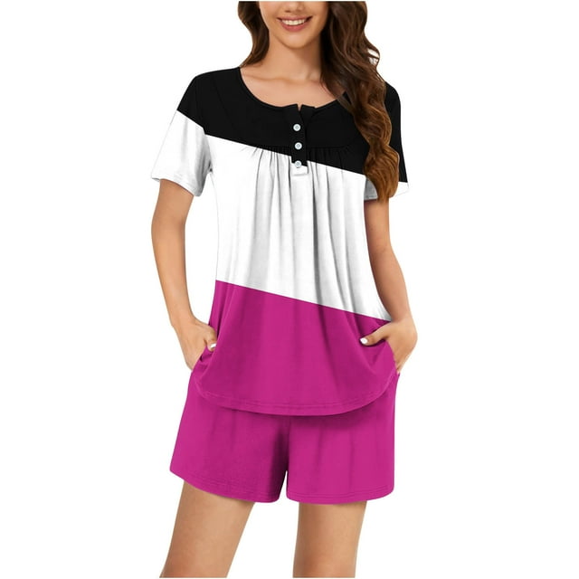 Birdeem Ensembles de Pyjama pour Femmes 2 Pcs Femmes Décontracté Col Rond Imprimé Manches Courtes Blouse Mode Pantalon Ensemble de Pyjama