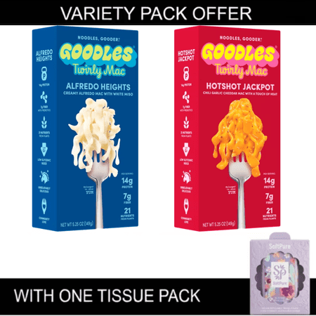 GOODLES Twirly Mac & Cheese Variety Pack, Alfredo Heights Creamy Miso Alfredo & Hot Shot Jackpot Chili Garlic Cheddar, 14g Protein, 7g Fiber, Includes One Tissue Pack