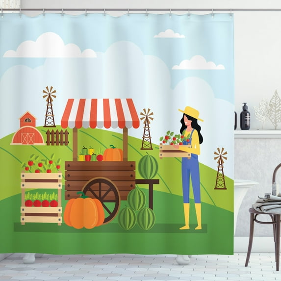 Vegetables Shower Curtain, Illustration of a Woman Farmer Selling Vegetables Farming Agriculture Lifestyle, Fabric Bathroom Set with Hooks, 69W X 84L Inches Extra Long, Multicolor, by Ambesonne