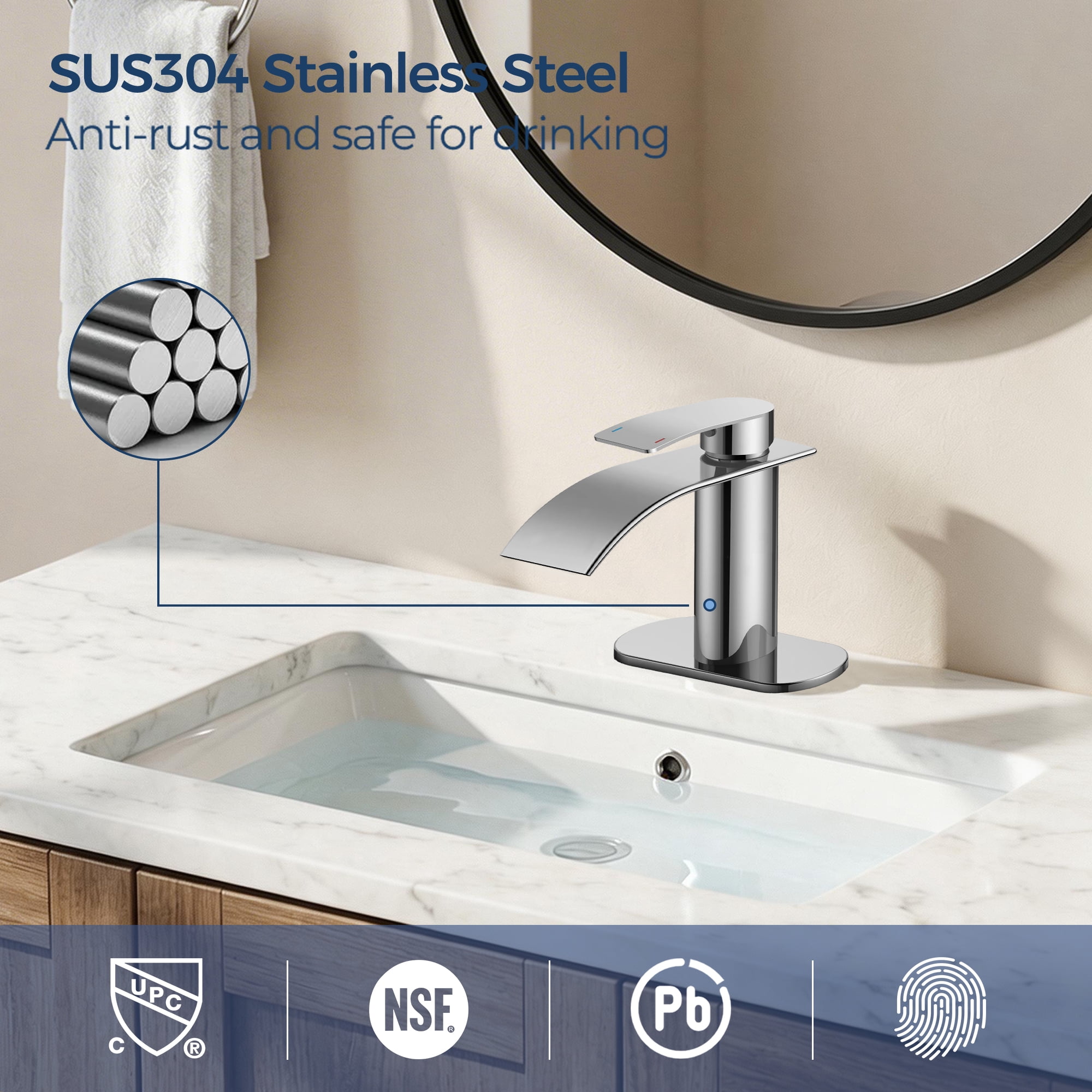 TVOFEK Waterfall Bathroom Faucet 1 or 3 Hole, Chrome Single Handle Bathroom Sink Faucets with Metal Pop up Drain and Deck Plate for Vanity Basin RV Lavatory