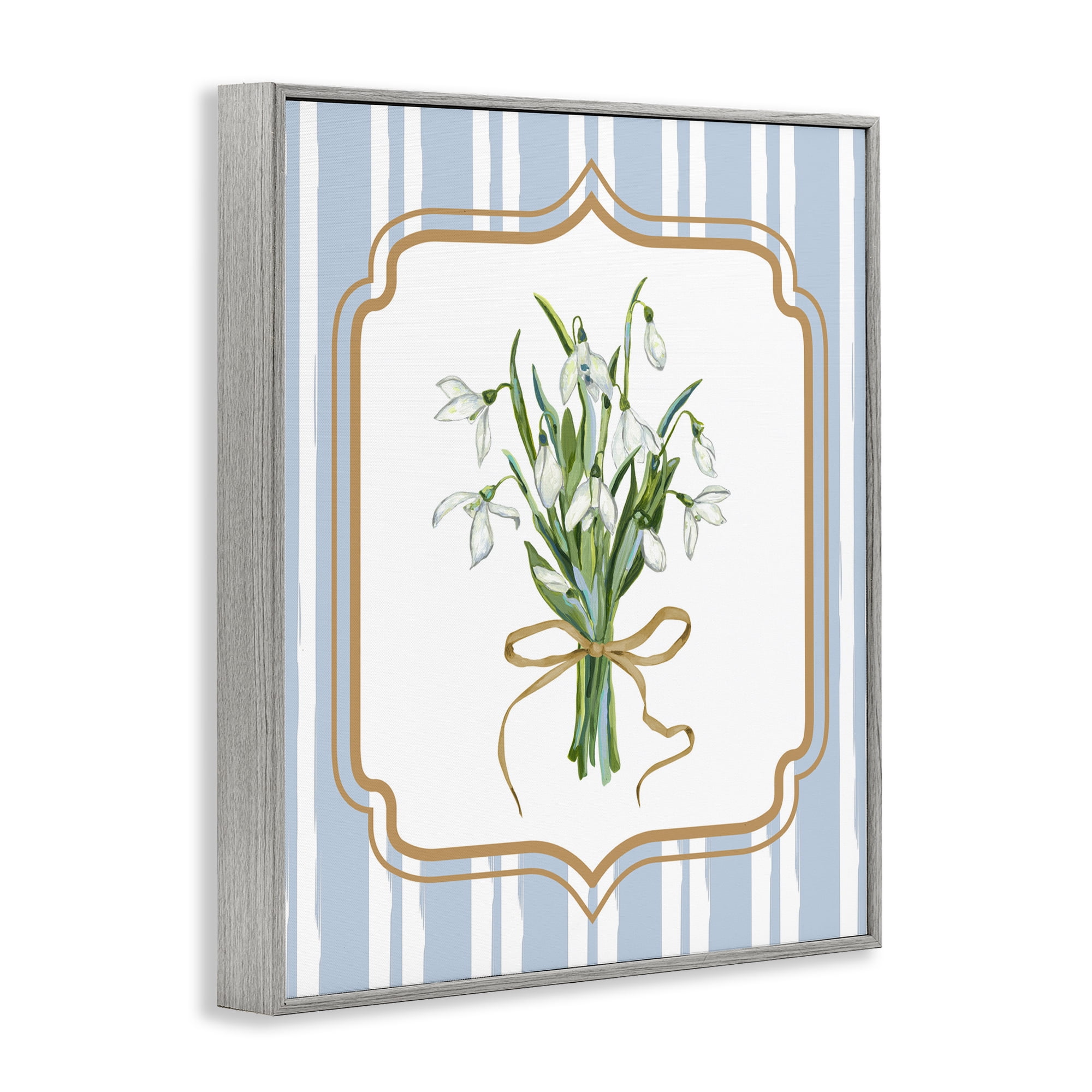 White Flower Bundle on Stripes Gray Framed Giclee Art, design by Adonna Ebrahimi